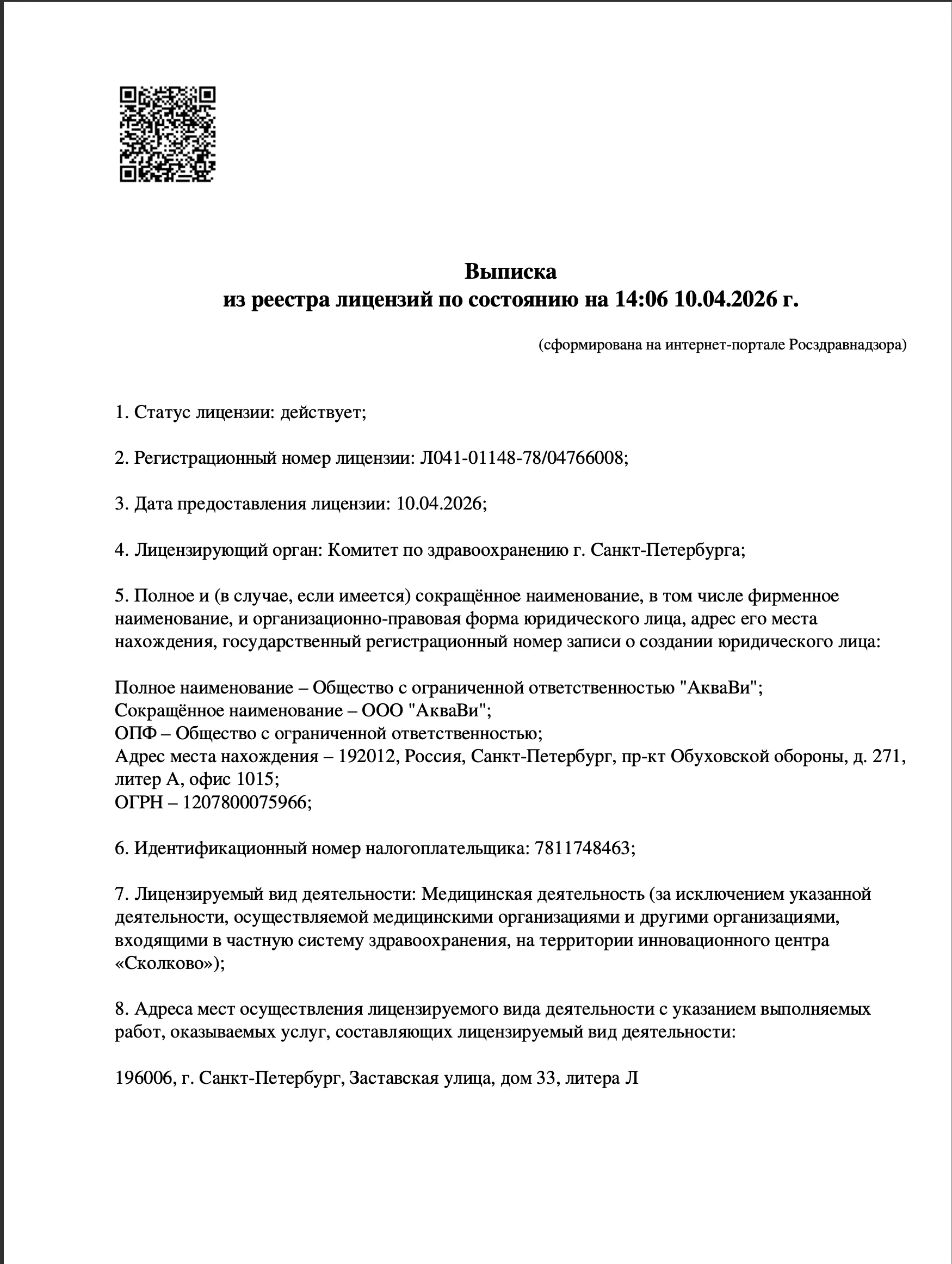 Выписка из реестра лицензий медицинского центра Семья - Актуальные сведения о лицензии медицинской организации